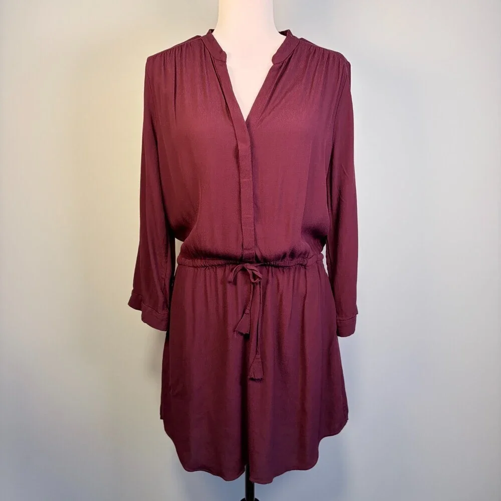 Babaton Shirt Dress Long Sleeve Tie Waist Corporate Girlie Burgundy Size Large - Picture 1 of 13